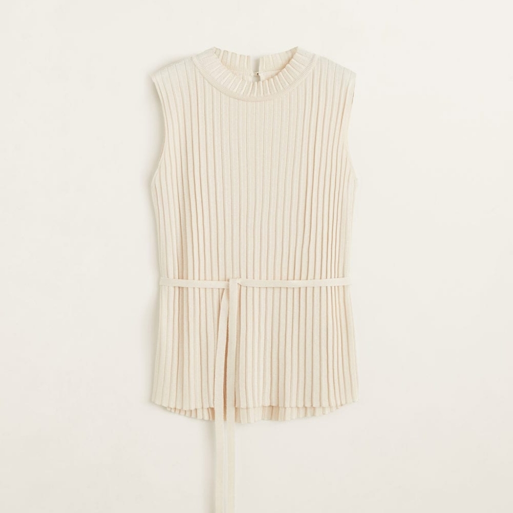 MANGO 2-pc Set Plisse Knit Rib Pants and Top Set Size Medium Cream - Picture 5 of 6